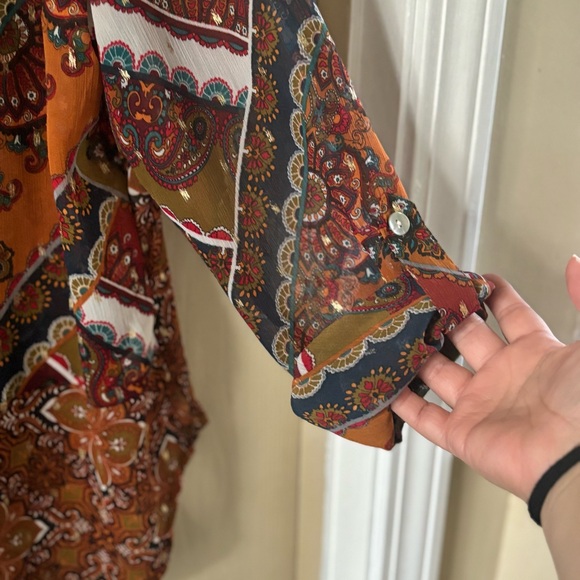 Fig & Flower for Anthropologie, fall button up tunic w/multi print, gold accents - Picture 4 of 6